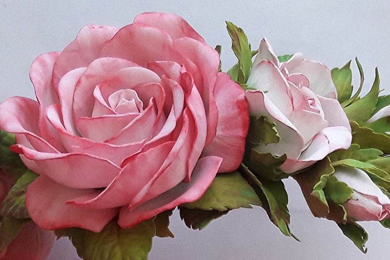 Two pink and white roses are placed on top of each other.