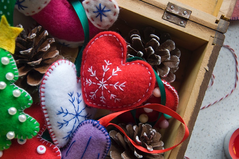 Christmas ornaments in a wooden box.