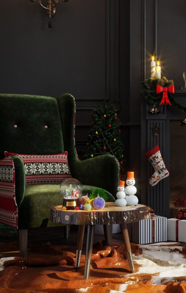 A living room with christmas decorations and a fireplace.