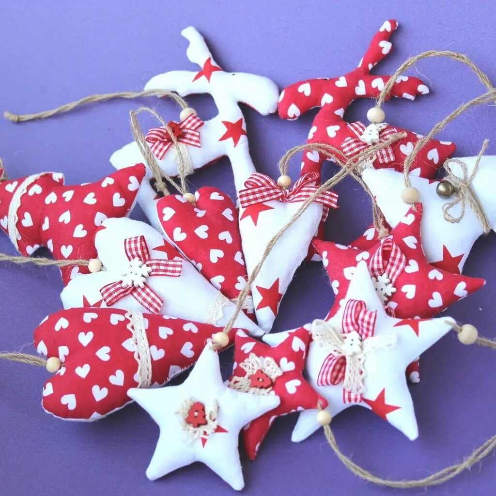 A bunch of red and white heart ornaments on a purple background.