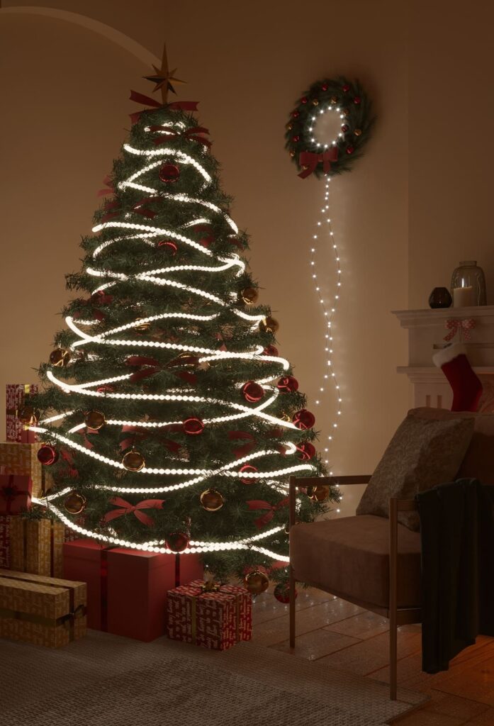 A christmas tree in a living room.