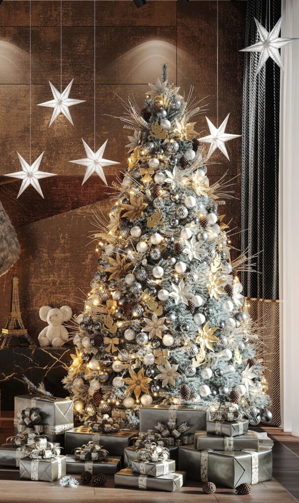 A christmas tree decorated with silver and gold stars.