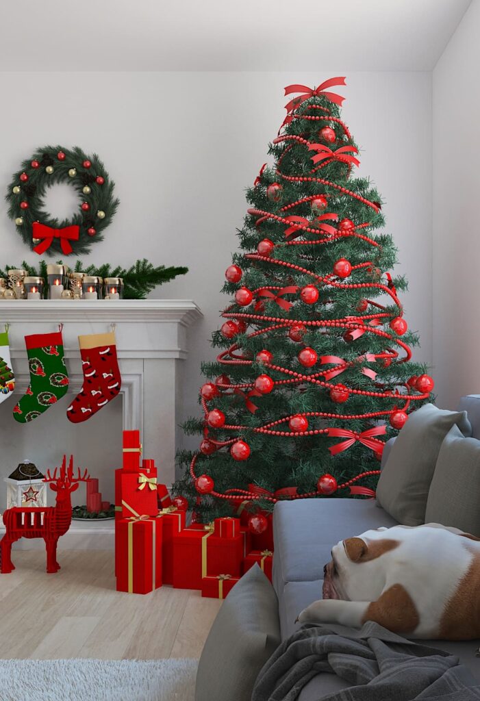 A living room with a christmas tree.