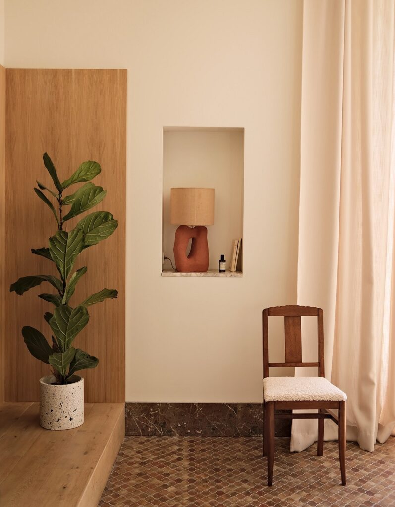 A room with a chair and a plant in front of a wall.