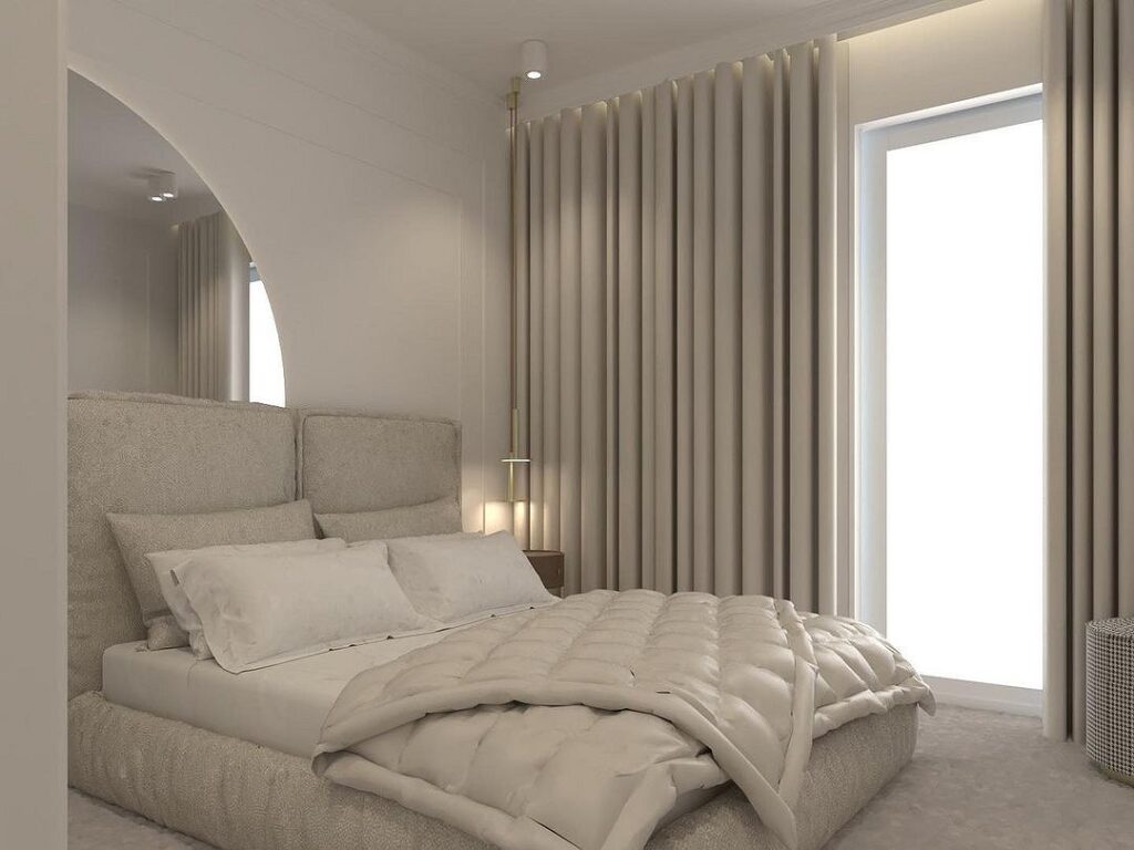 A 3d rendering of a bedroom with a white bed.