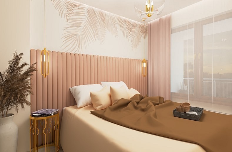 3d rendering of a bedroom with a bed and a lamp.