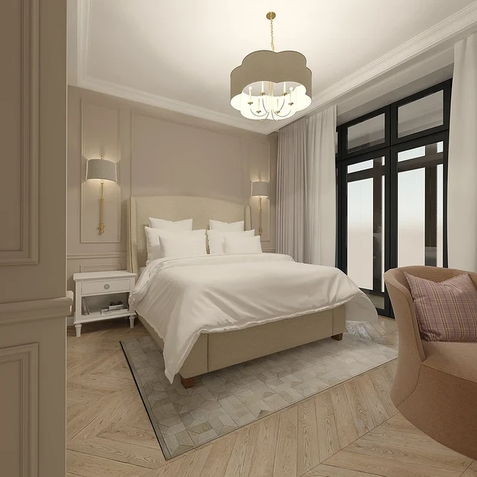 A 3d rendering of a bedroom with a bed and a chair.