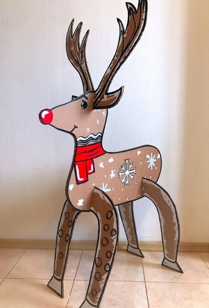 A reindeer standing on a tiled floor.