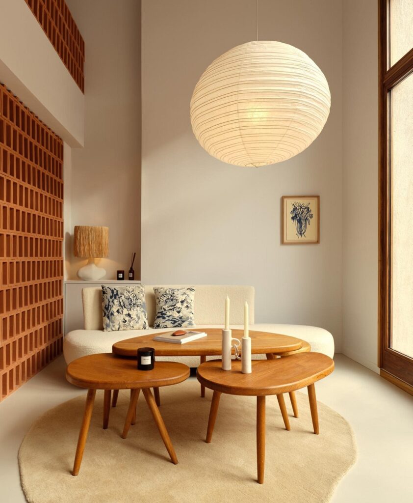 A living room with a wooden table and chairs.