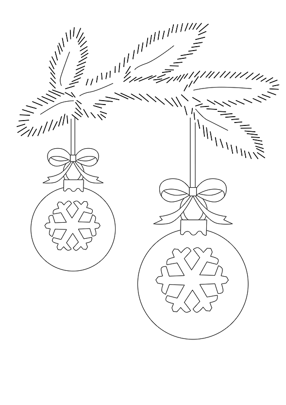 Two christmas ornaments on a branch coloring page.