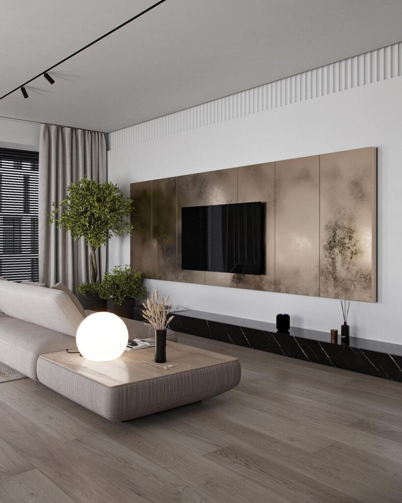 A modern living room with wooden floors and a tv.
