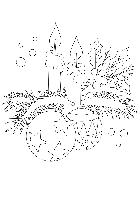 A christmas coloring page with candles and holly.