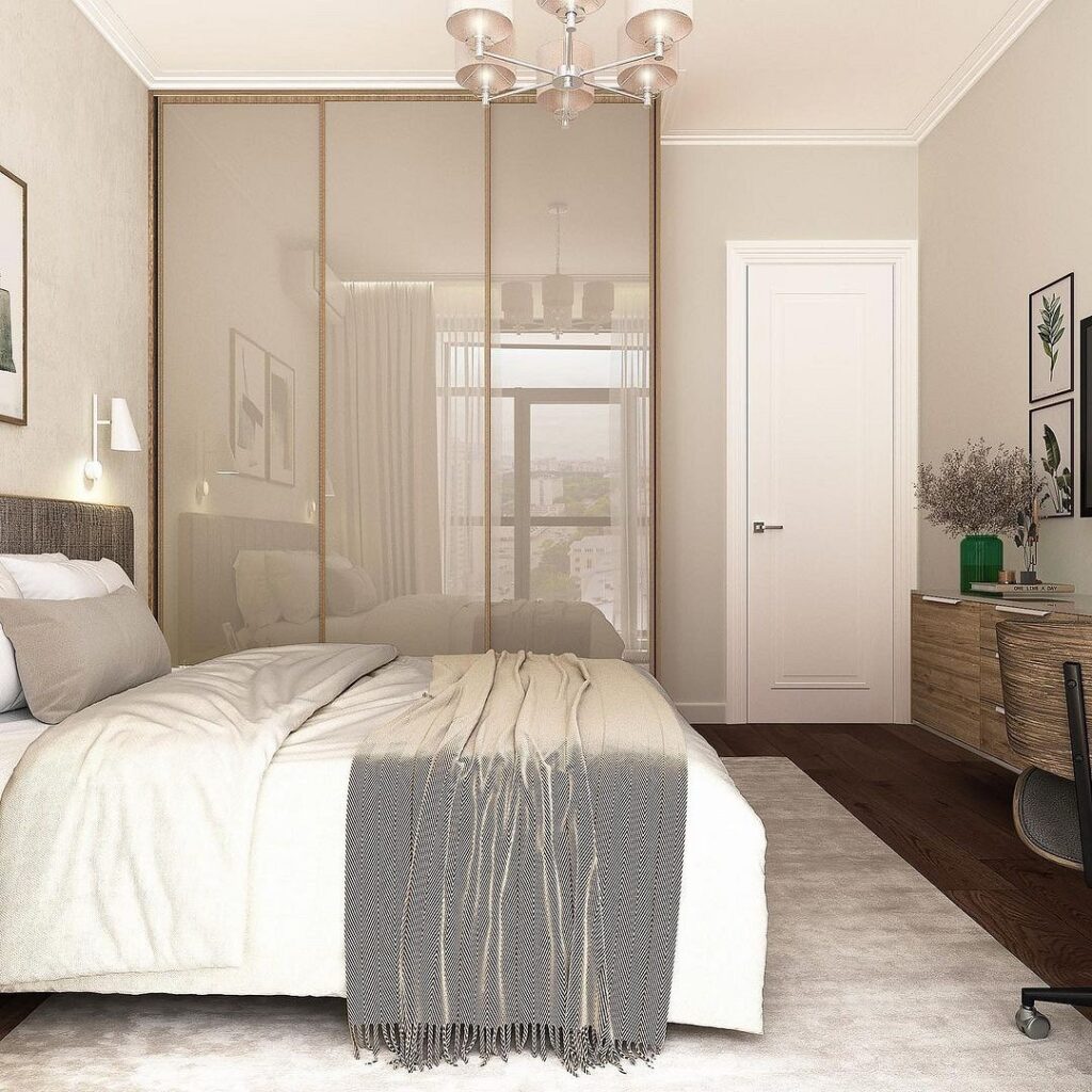 A 3d rendering of a bedroom with a bed and a desk.