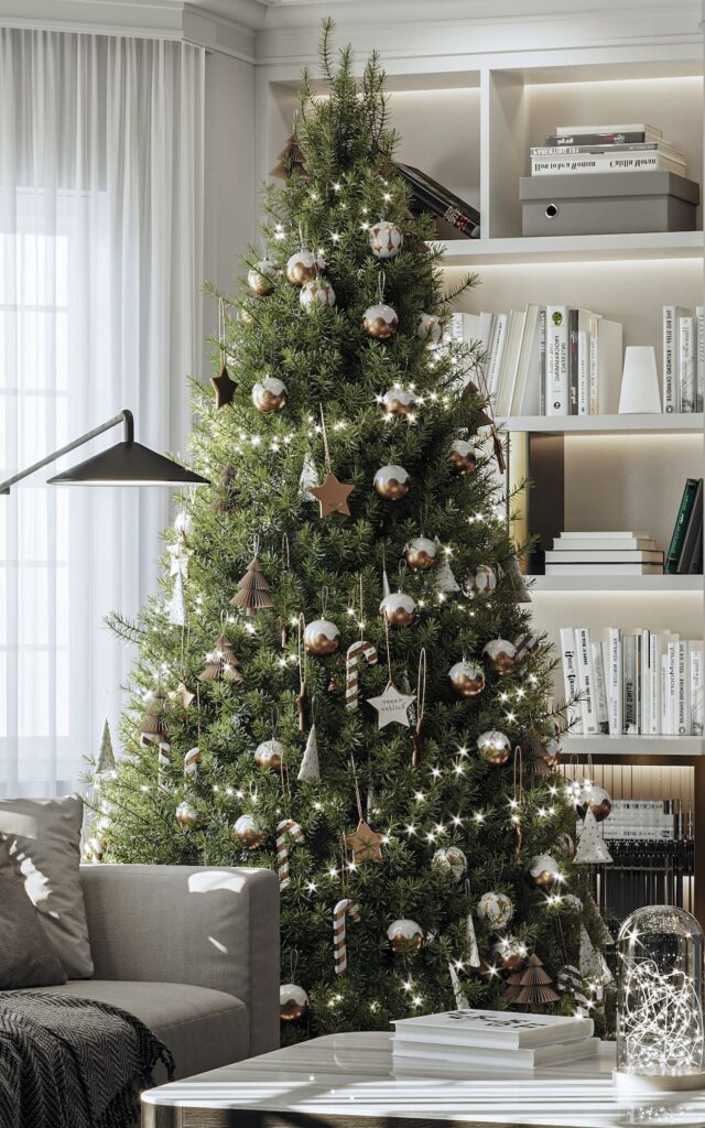 A christmas tree in a living room.