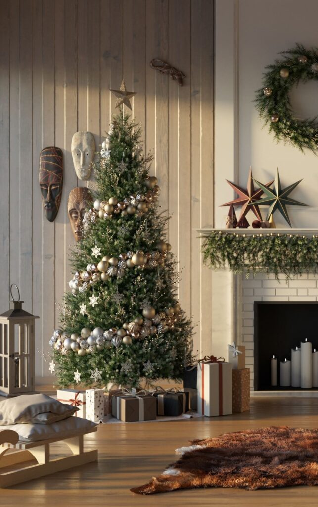 A living room with a christmas tree and decorations.