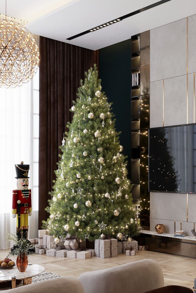 A living room with a christmas tree and tv.