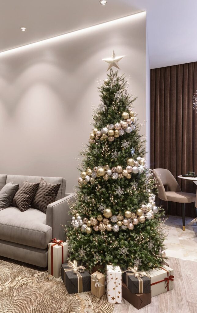 A living room with a christmas tree and presents.