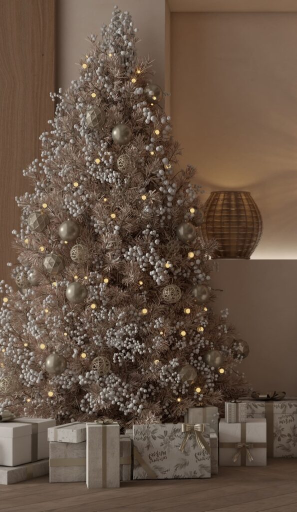 A christmas tree in a room with presents.