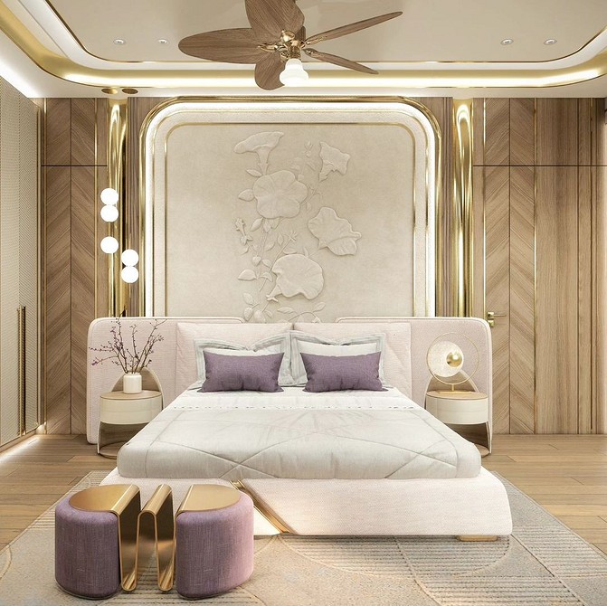 A bedroom with a bed and a ceiling fan.