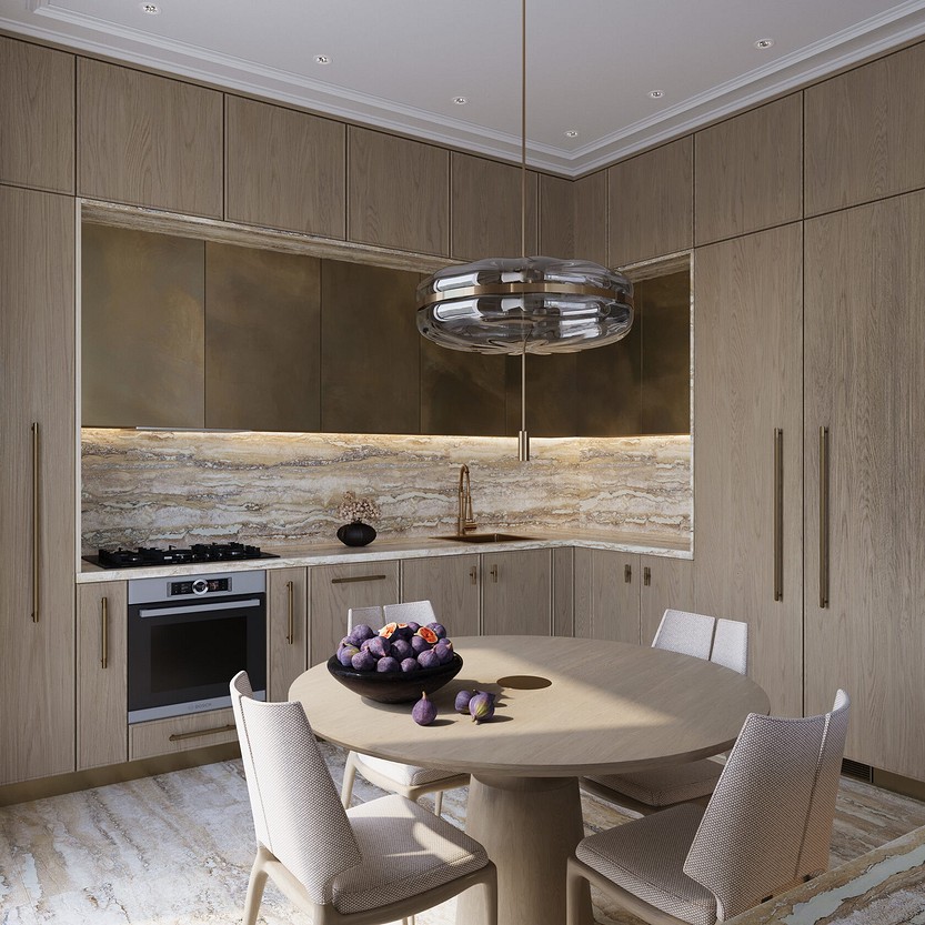 A 3d rendering of a kitchen with wooden cabinets and a round table.