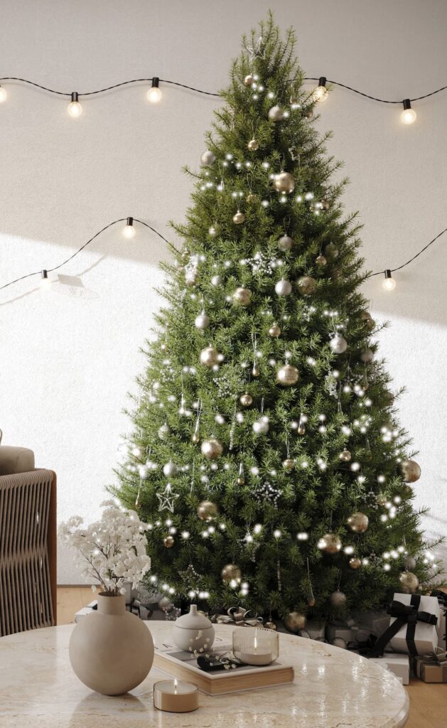 A christmas tree in a living room.