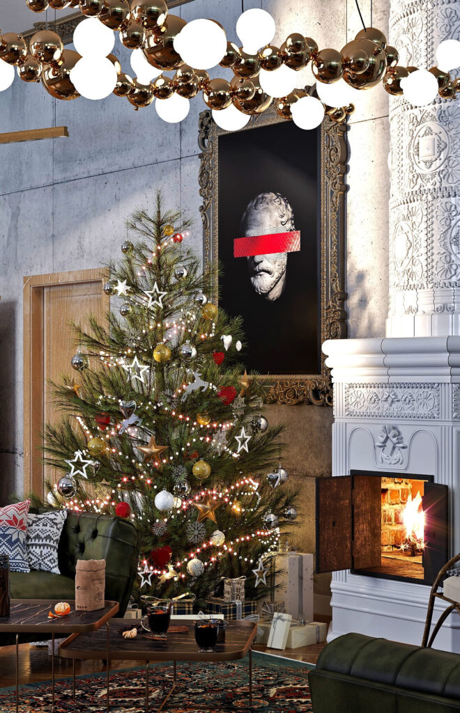 A living room with a fireplace and a christmas tree.