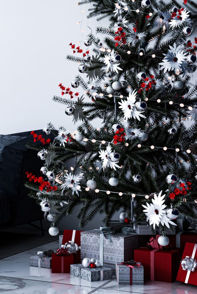 A christmas tree in a living room with presents.