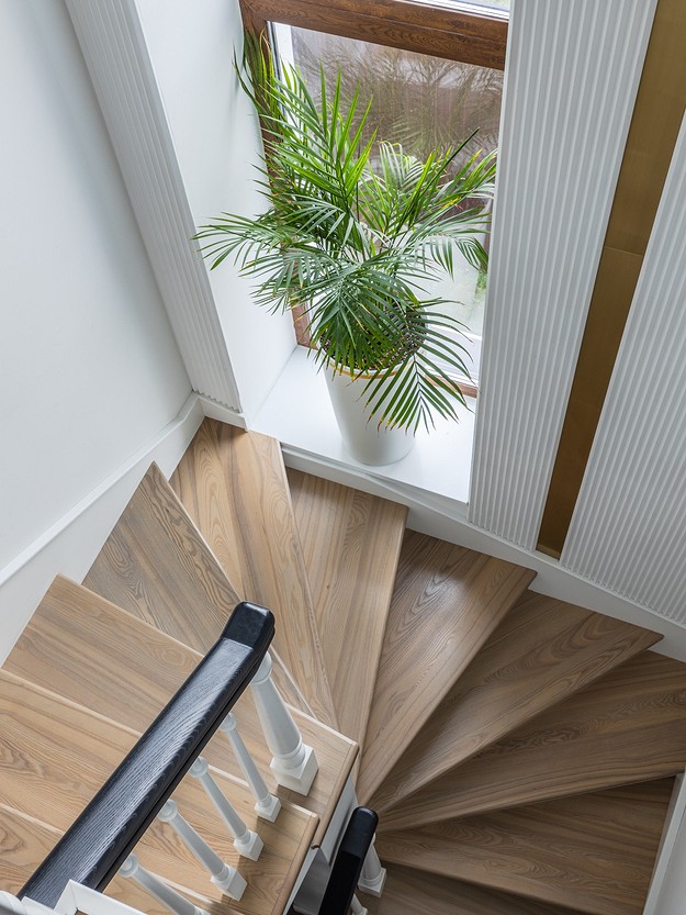 A spiral staircase in a house with a potted plant.