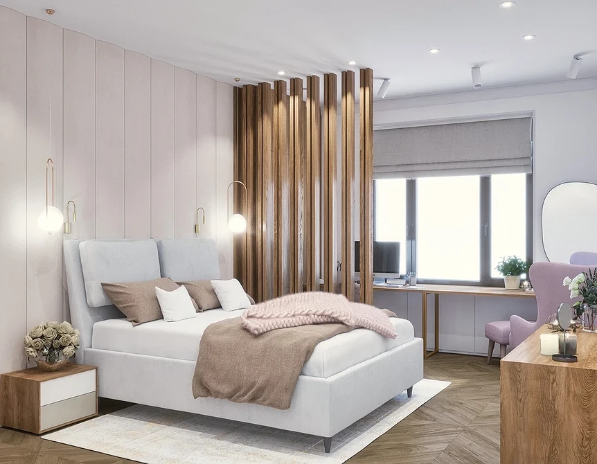 A modern bedroom with a white bed and wooden accents.