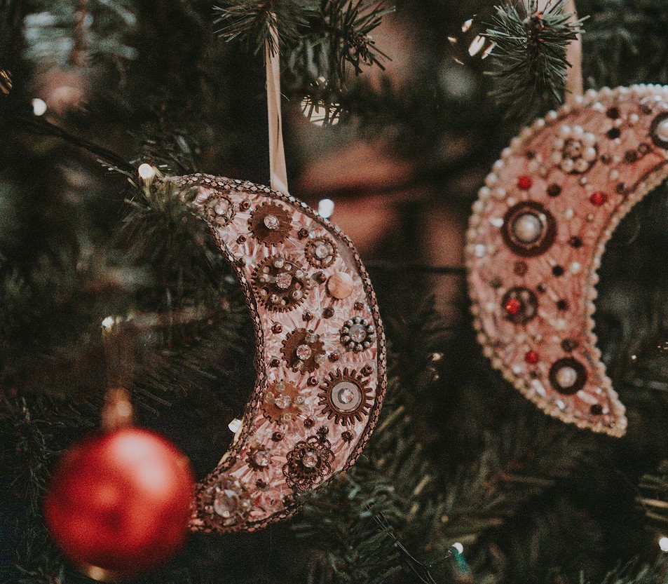 Two ornaments hanging on a christmas tree.