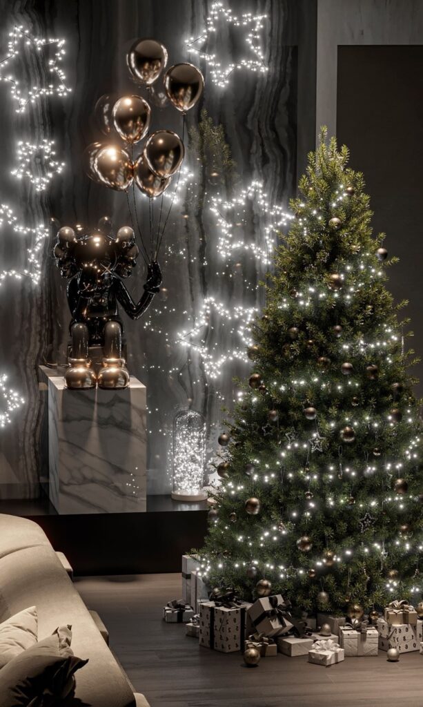 A christmas tree in a living room.