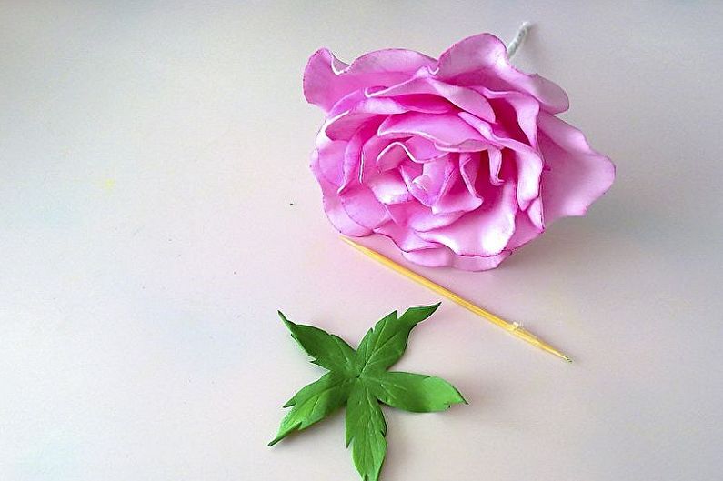 A pink flower with a green leaf next to it.