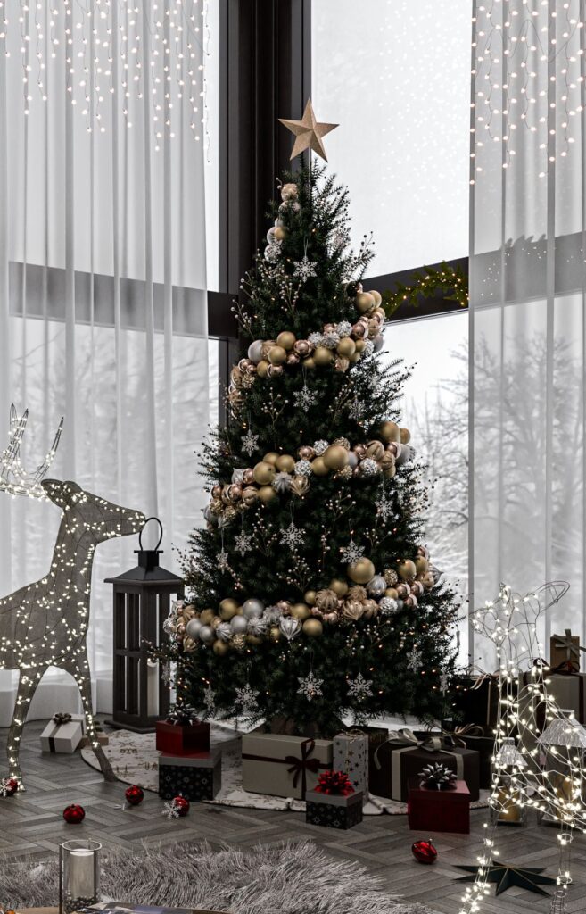 A living room with a christmas tree and decorations.