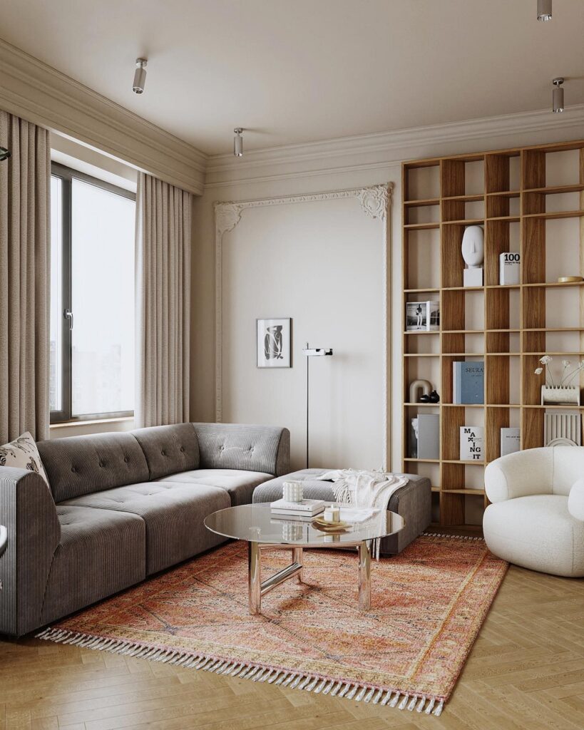 A living room with a couch and a coffee table.