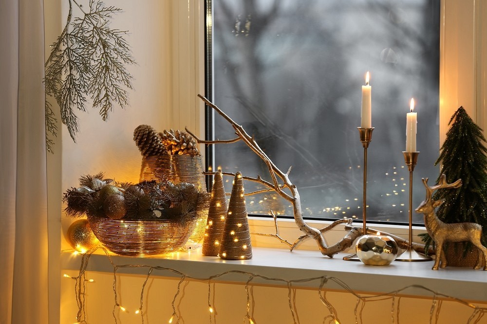 Christmas decorations on a window sill.