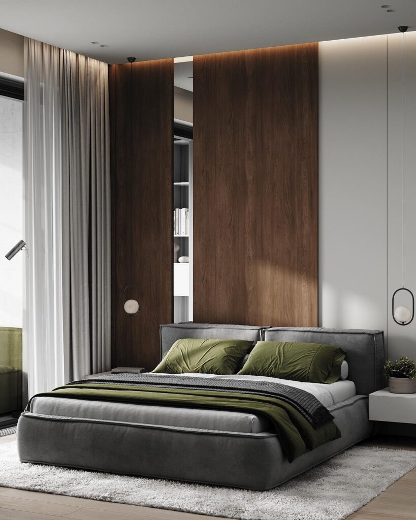 A modern bedroom with wood paneling and green accents.