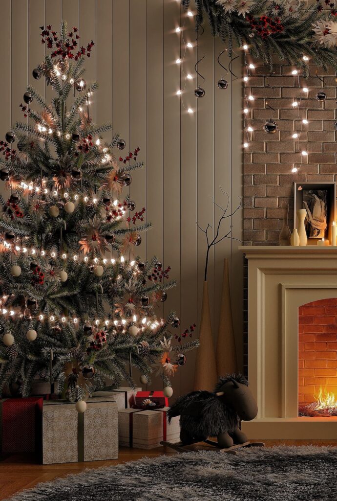 A christmas tree in front of a fireplace.