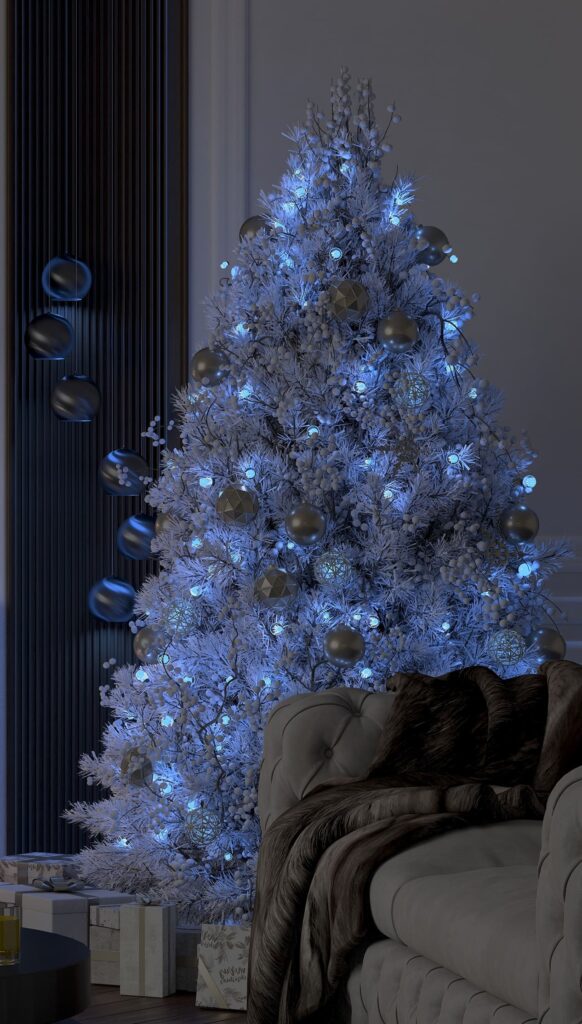 A christmas tree with blue lights in a living room.