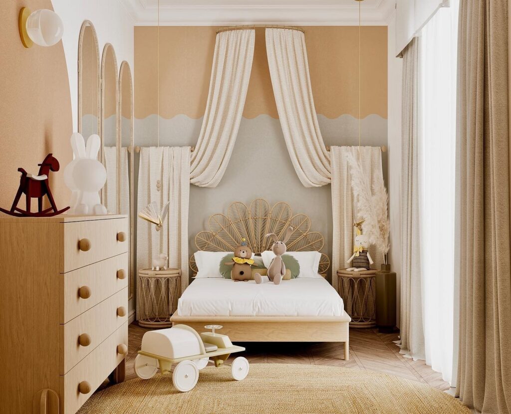 A child's bedroom with beige walls and a wooden bed.