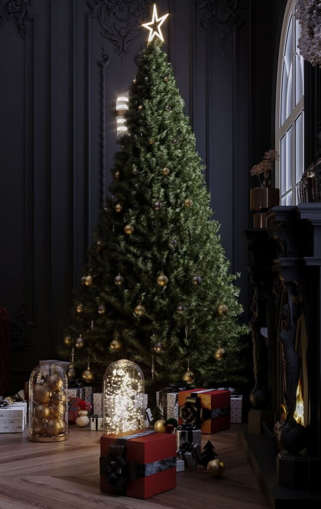 A christmas tree in a dark room with presents.