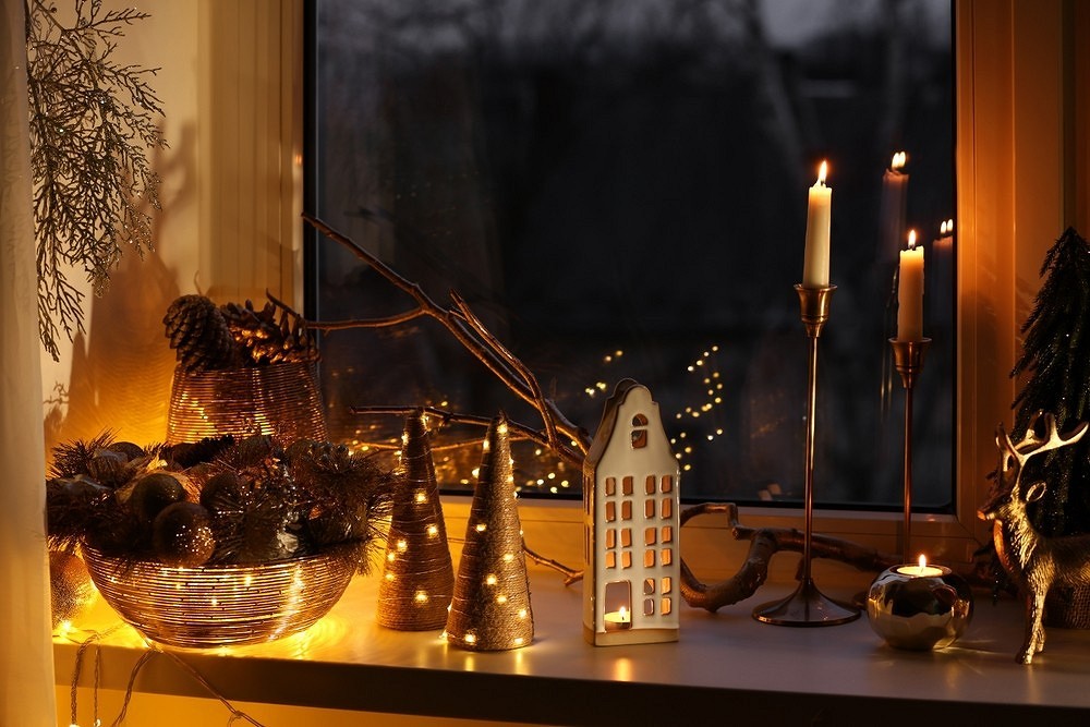 Christmas decorations on a window sill.