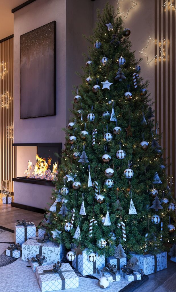 A christmas tree with presents in front of a fireplace.