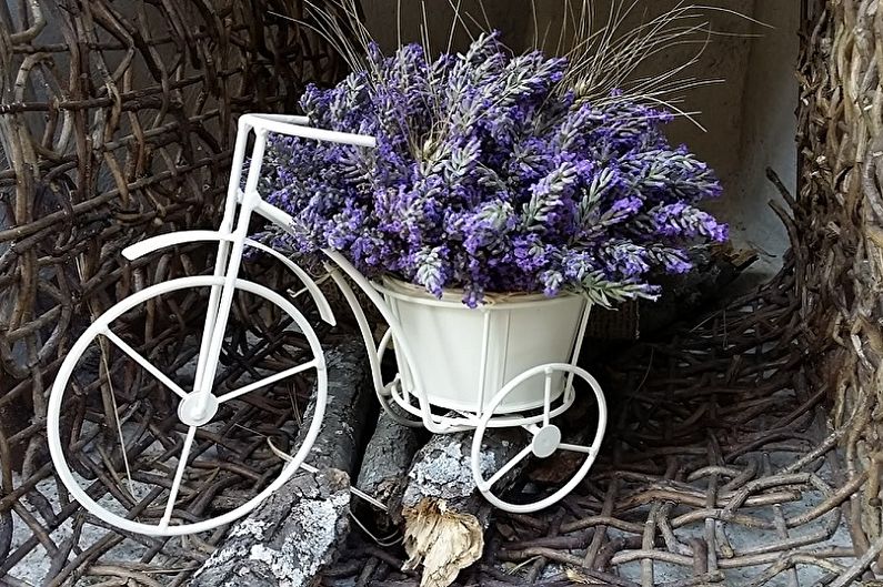 A white bicycle with lavender flowers in it.
