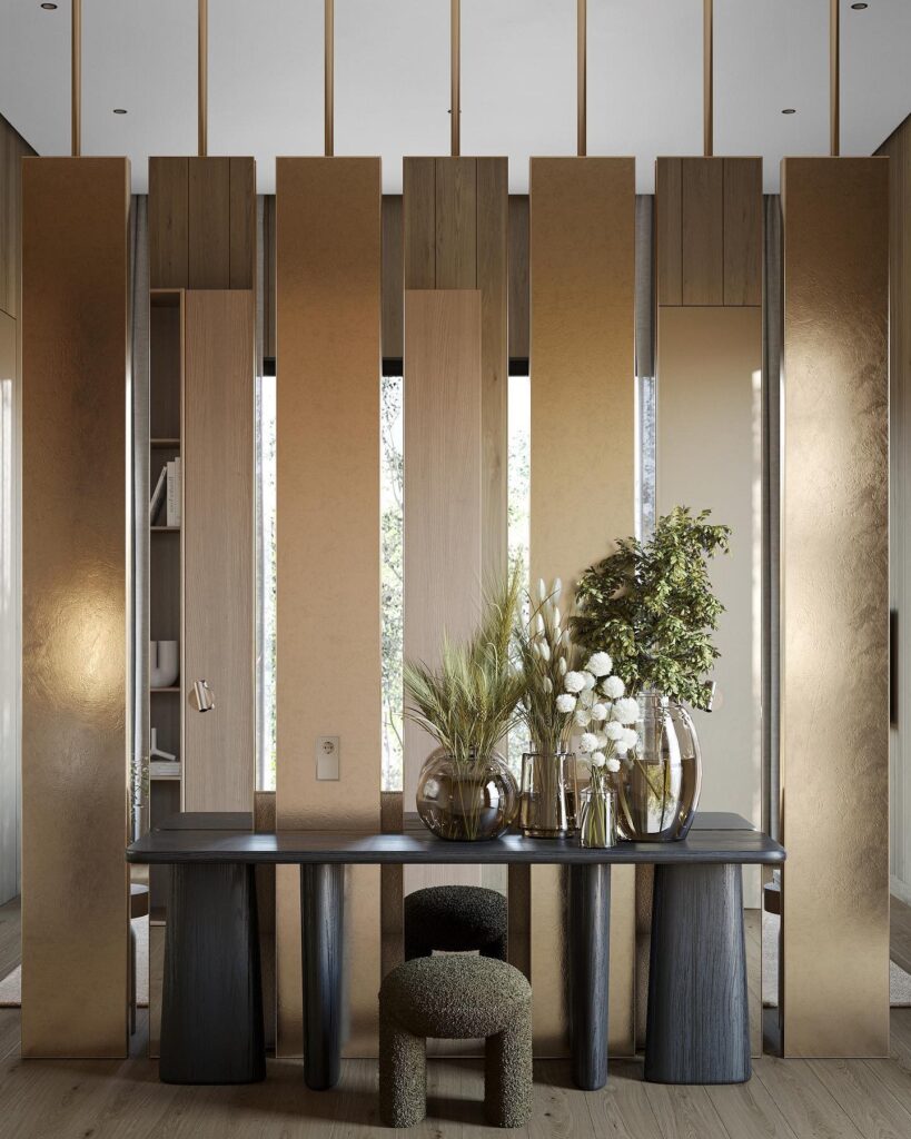 A modern dining room with a wooden table and chairs.