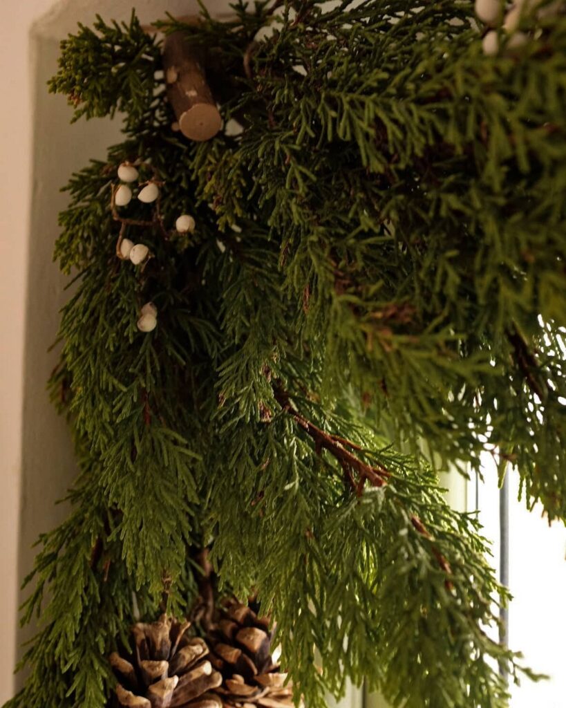 A christmas wreath hanging on a window sill.