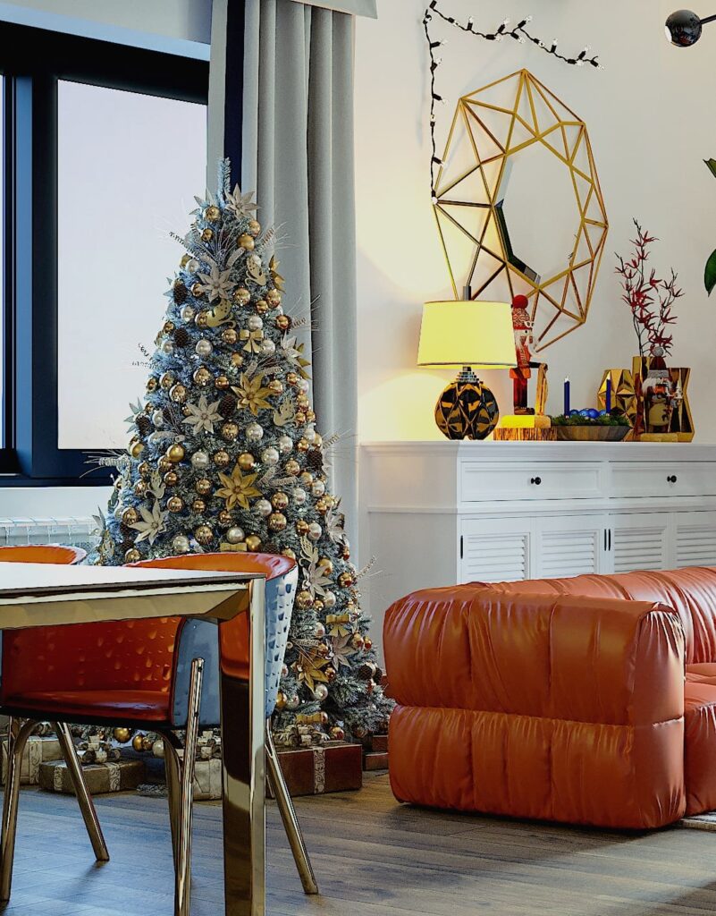 A living room with a christmas tree.