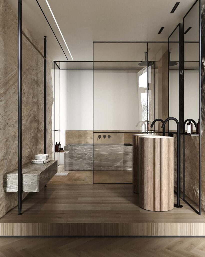 A modern bathroom with wooden floors and a glass shower.