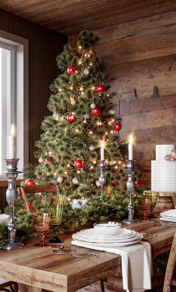 A christmas tree in a dining room.