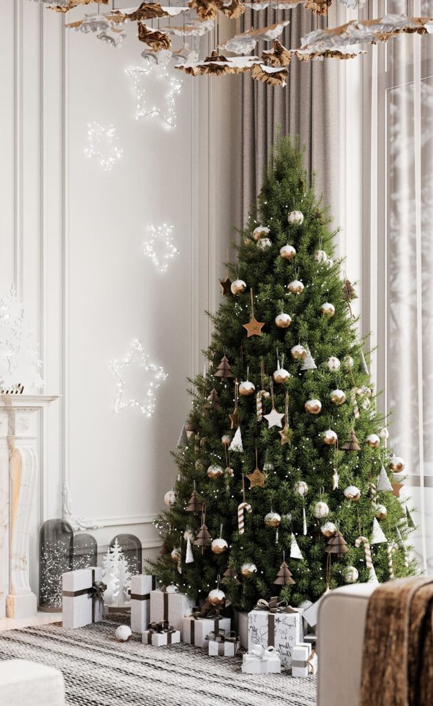 A living room with a christmas tree and decorations.