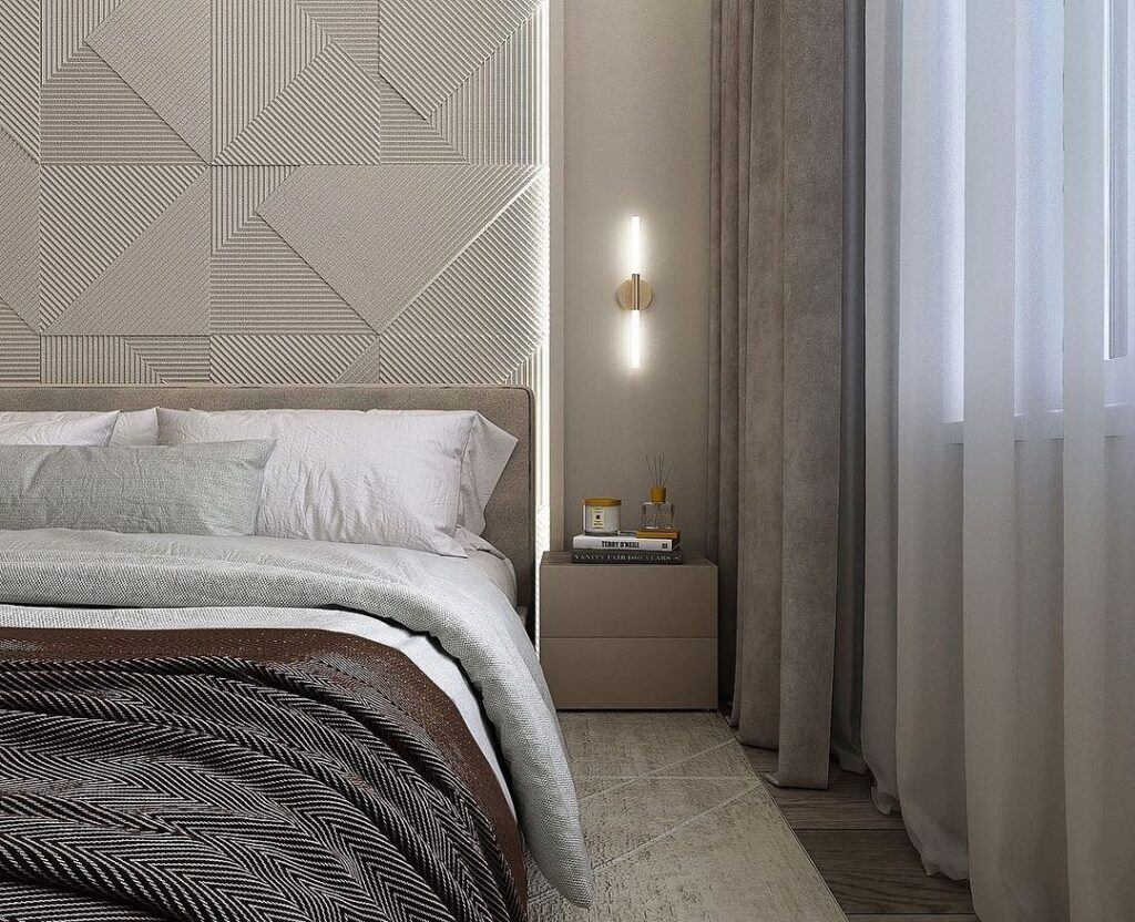 A modern bedroom with a bed and a lamp.